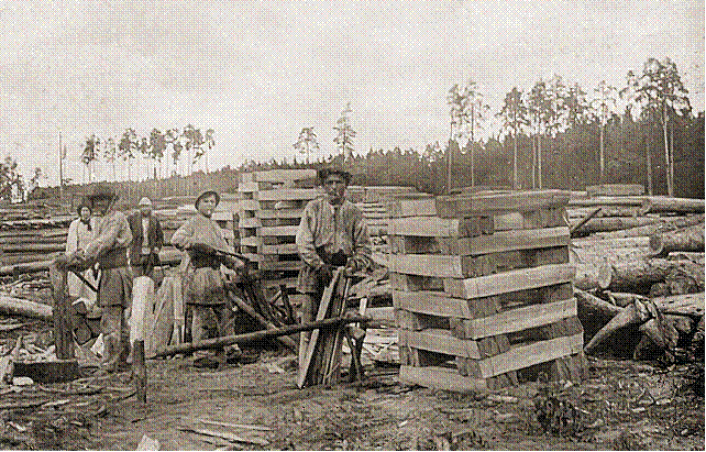 Рабочие лесопильного завода за изготовлением заготовок под шпалы. Деревня Буды, 1912 год